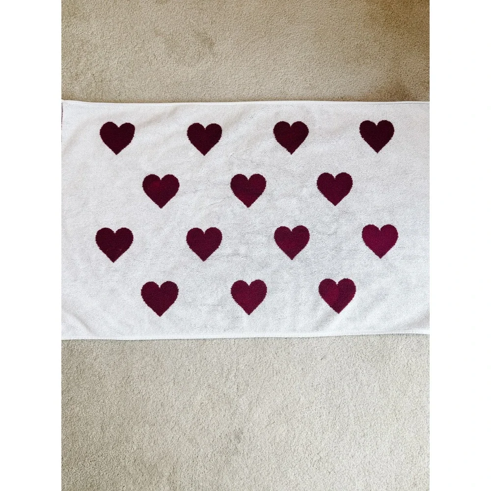 Pottery Barn Hearts Bath Mat White  Red 100% Cotton Made in Portugal